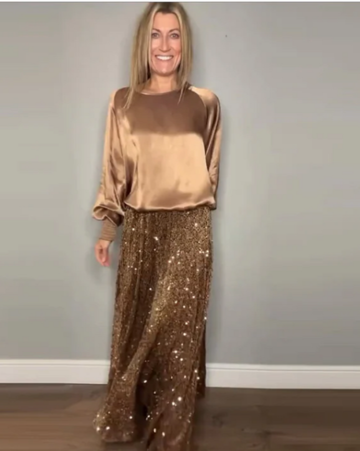 BOHÈME - ROUND NECK TOP AND LONG SKIRT WITH SEQUINS