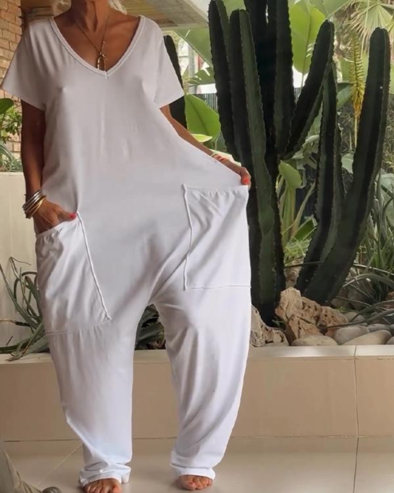 MAIRE - CASUAL JUMPSUIT WITH V-NECK IN SOLID COLORS
