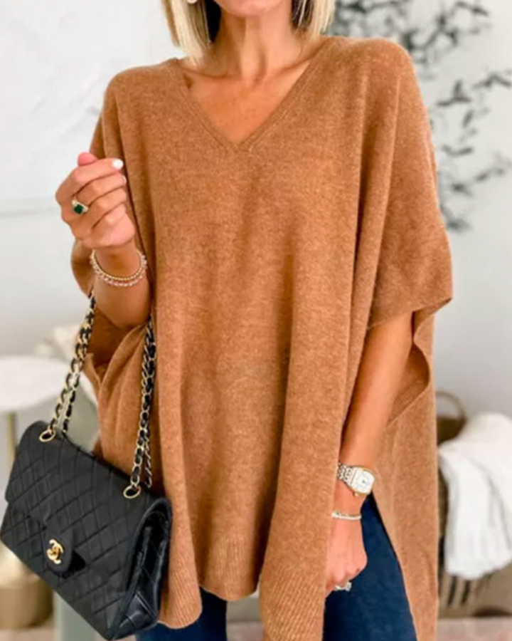 ERICA - Solid knit poncho with V-neck and wide cut