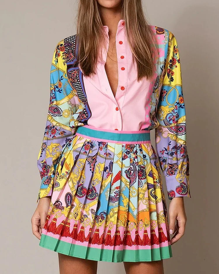 Sydney Luxe Boutique | Amara Pleated Mini Skirt & Printed Shirt Set