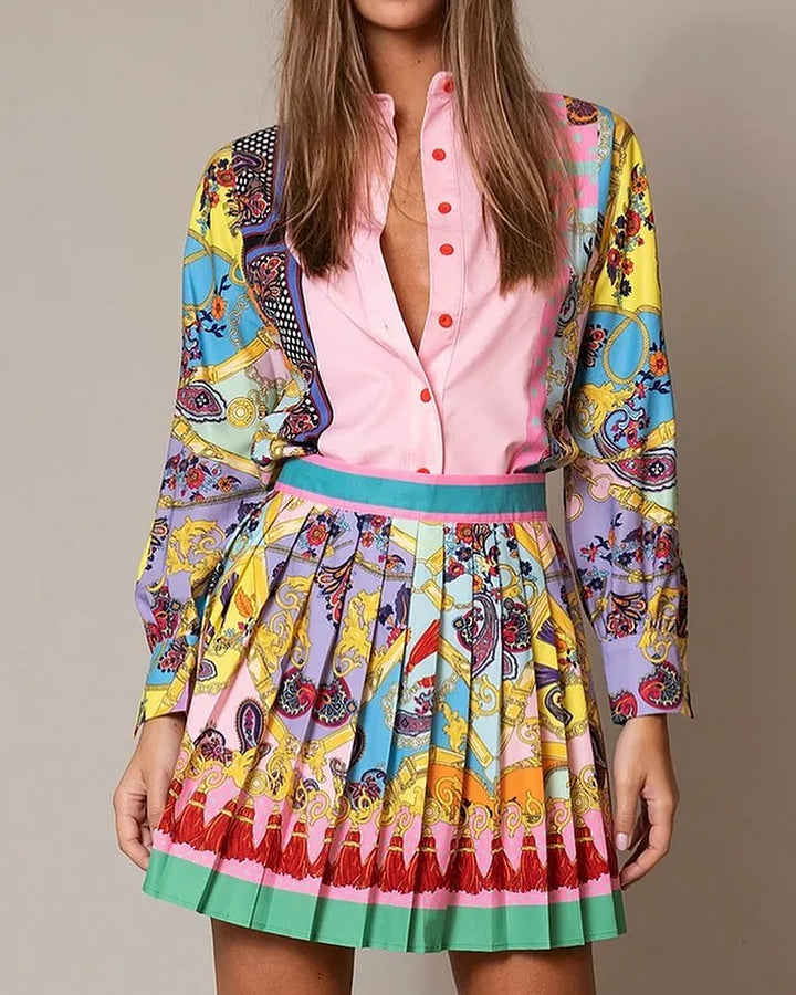 Sydney Luxe Boutique | Amara Pleated Mini Skirt & Printed Shirt Set