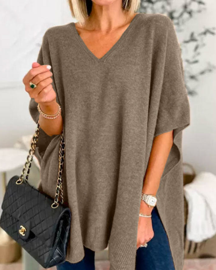 ERICA - Solid knit poncho with V-neck and wide cut