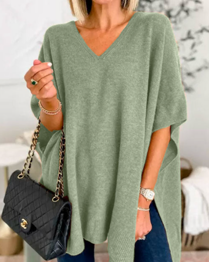 ERICA - Solid knit poncho with V-neck and wide cut