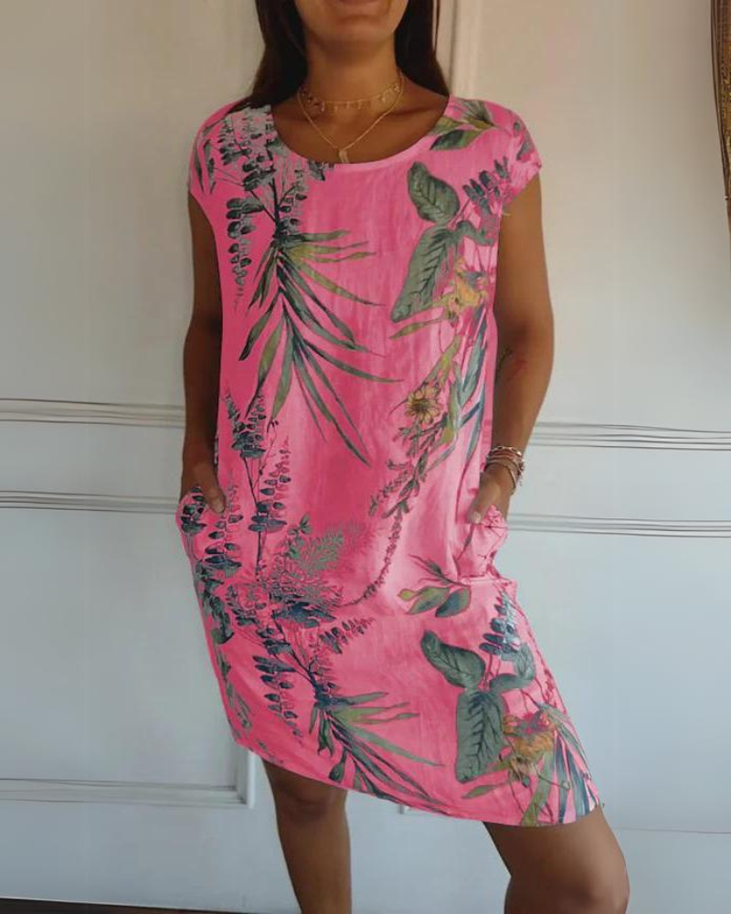 JOANA - PRINTED DRESS WITH ROUND NECK IN COTTON AND LINEN