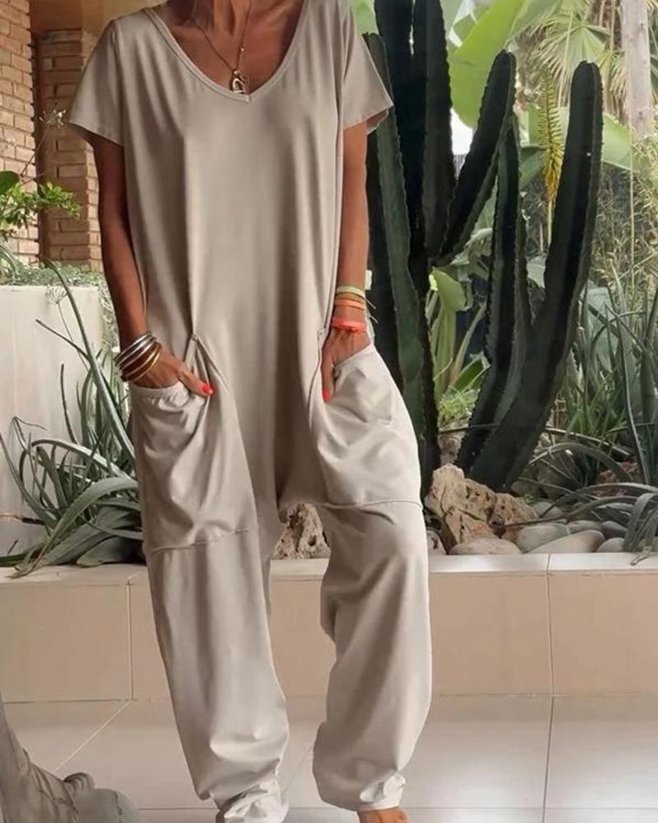 MAIRE - CASUAL JUMPSUIT WITH V-NECK IN SOLID COLORS