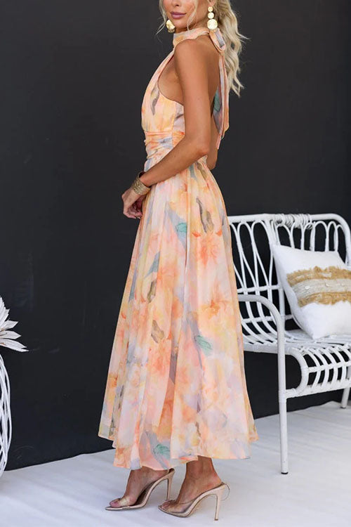 Halter Neck Maxi Dress - Printed Design