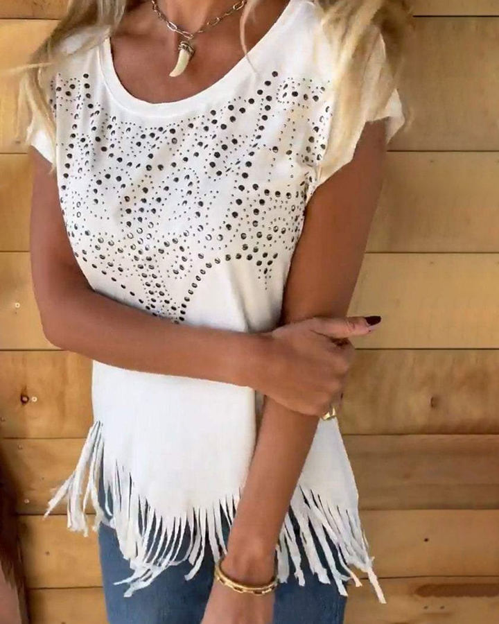 MASOVA – T-SHIRT WITH FRINGES AND METALLIC PRINTS