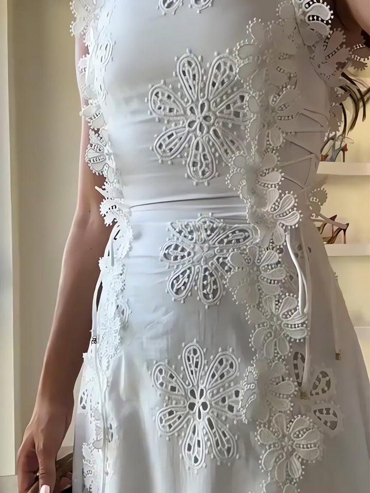 Éliora – Floral Lace Maxi Dress with Tie Straps