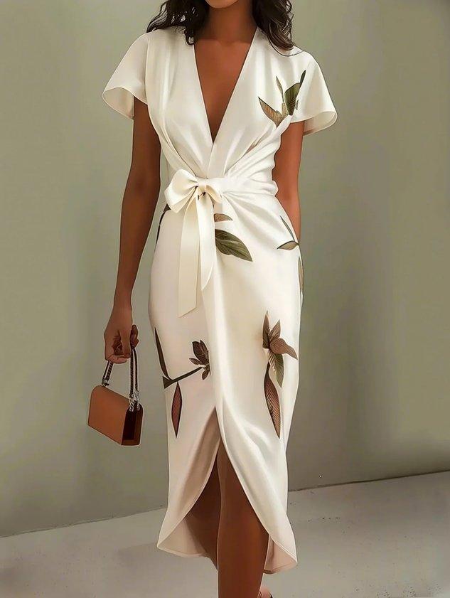 White Leaf Satin Midi Dress with Short Sleeves and Wrap Sheath Design