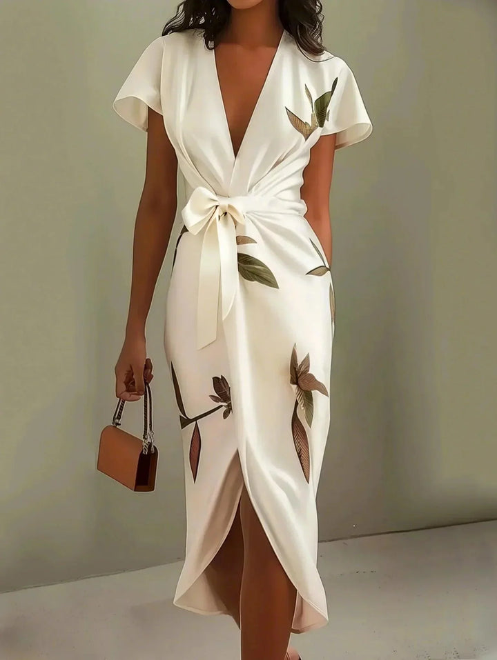 White Leaf Satin Midi Dress with Short Sleeves and Wrap Sheath Design