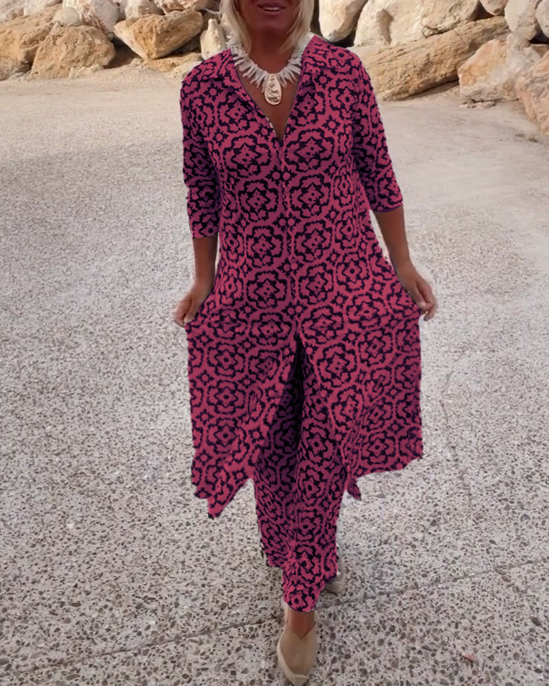 Printed Vintage Set with Collar and Button