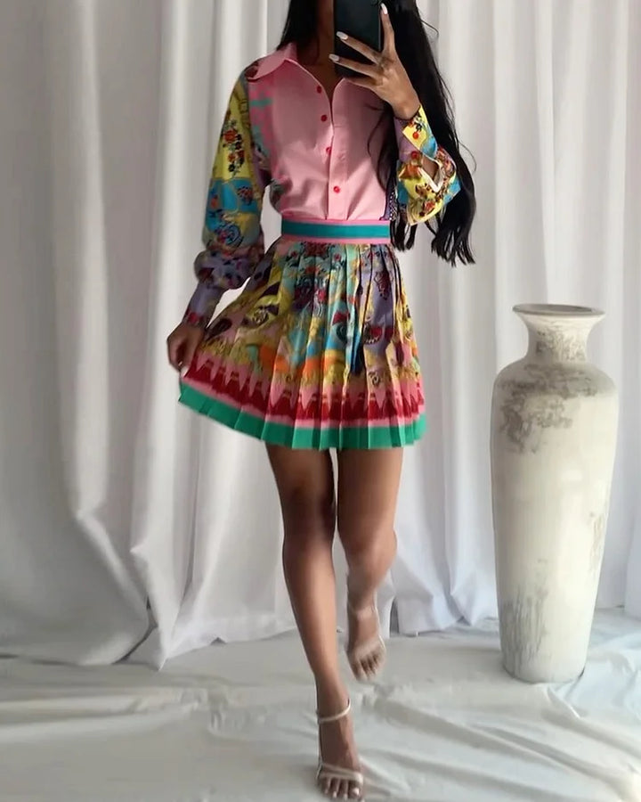 Sydney Luxe Boutique | Amara Pleated Mini Skirt & Printed Shirt Set