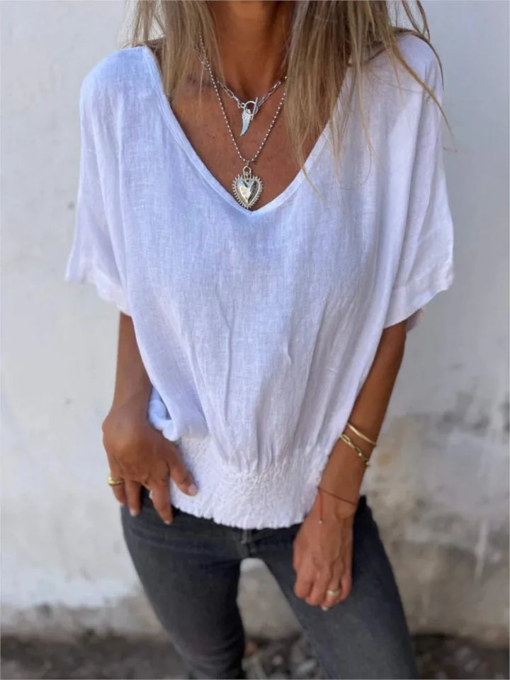 Camille™ – Linen Blend V-Neck Blouse