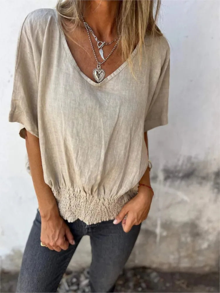 Camille™ – Linen Blend V-Neck Blouse