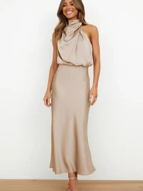 Amara Satin High-Neck Midi Dress