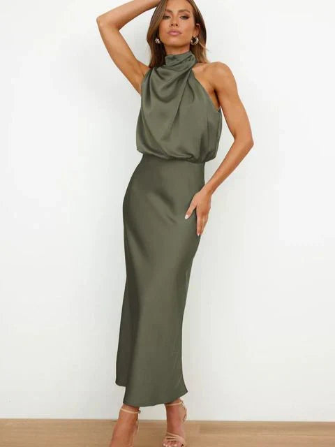 Amara Satin High-Neck Midi Dress