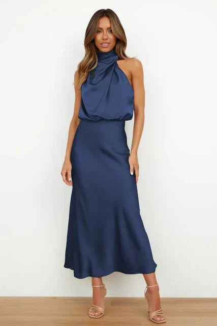 Amara Satin High-Neck Midi Dress