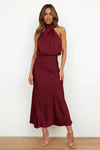 Amara Satin High-Neck Midi Dress