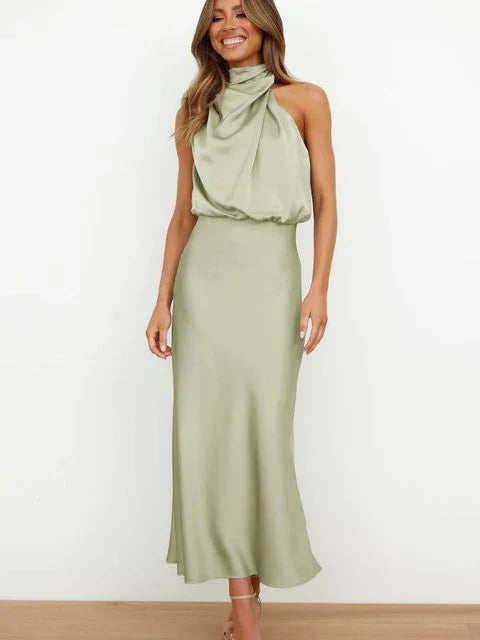 Amara Satin High-Neck Midi Dress
