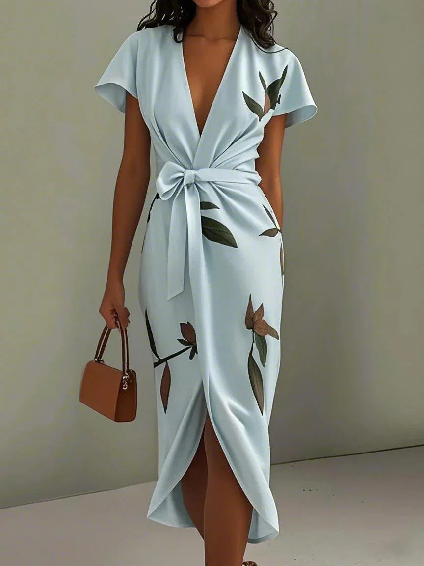 White Leaf Satin Midi Dress with Short Sleeves and Wrap Sheath Design