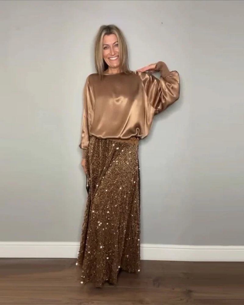 BOHÈME - ROUND NECK TOP AND LONG SKIRT WITH SEQUINS